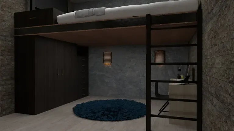 Stylish modern loft bedroom with minimalist design and multifunctional furniture. Stock Photo