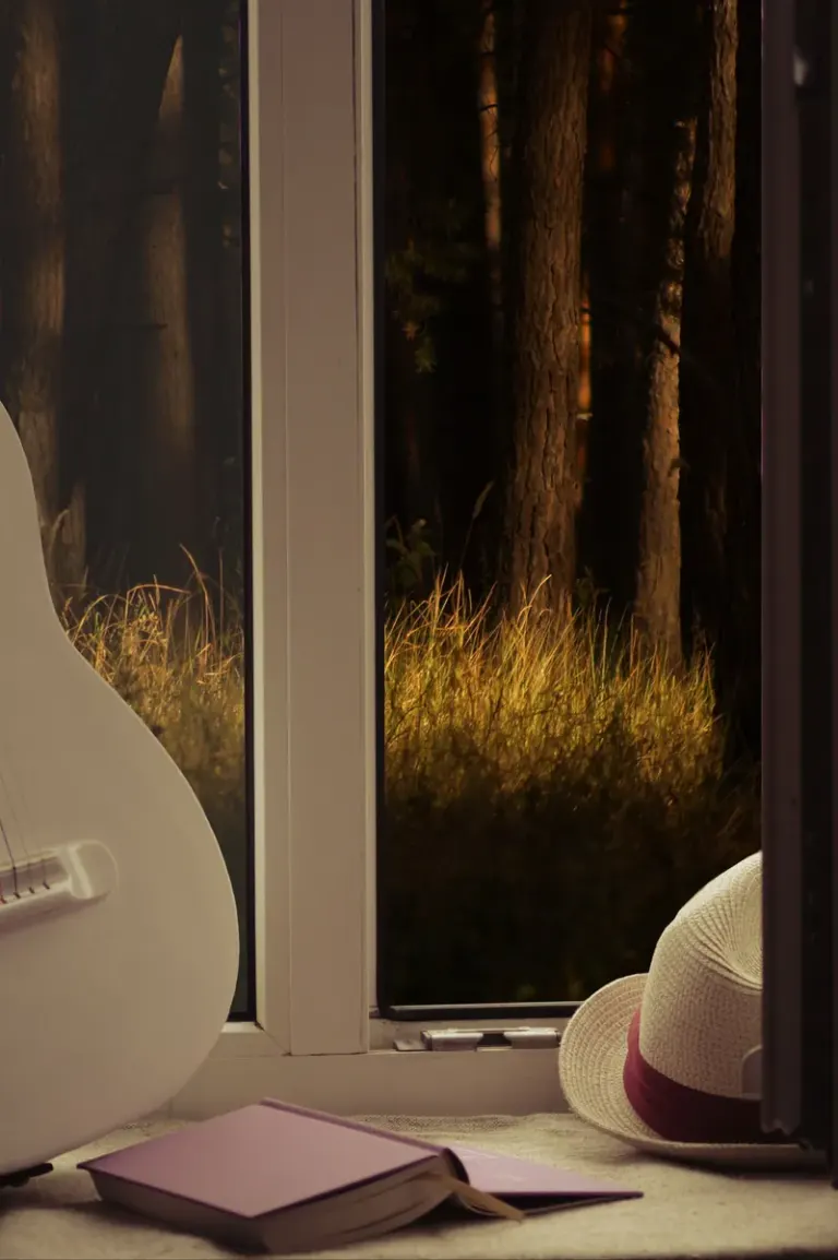 Cozy indoor scene with guitar, hat, and book by a window overlooking a forest. Stock Photo