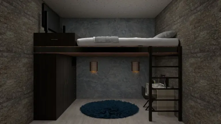 A stylish loft bedroom featuring a bed above a home office space, perfect for maximizing small spaces. Stock Photo