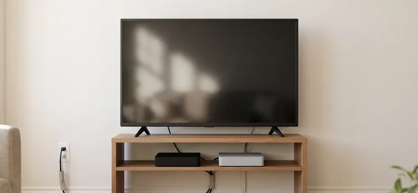 Bright small apartment media wall with a TV on a low wooden stand, cords routed behind the furniture and a few bundled cables running neatly to the wall
