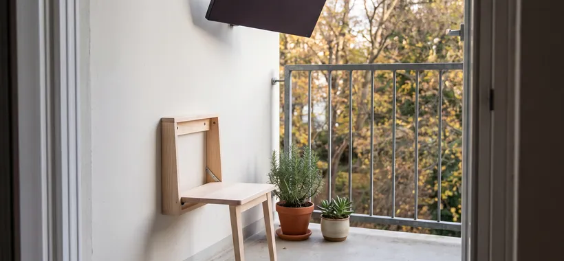 A narrow studio balcony with a fold-up wooden wall seat and a small wall-mounted infrared heater aimed at the seat.