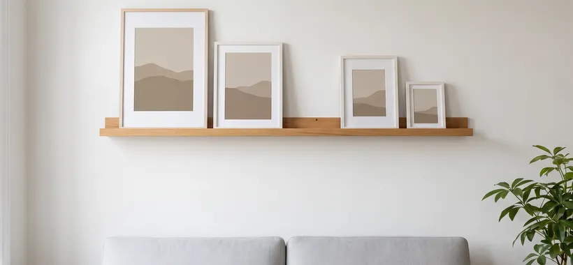 A warm oak picture ledge on a soft white apartment wall holds leaning picture frames in assorted sizes, with the gray back of a sofa below and a potted plant to one side.