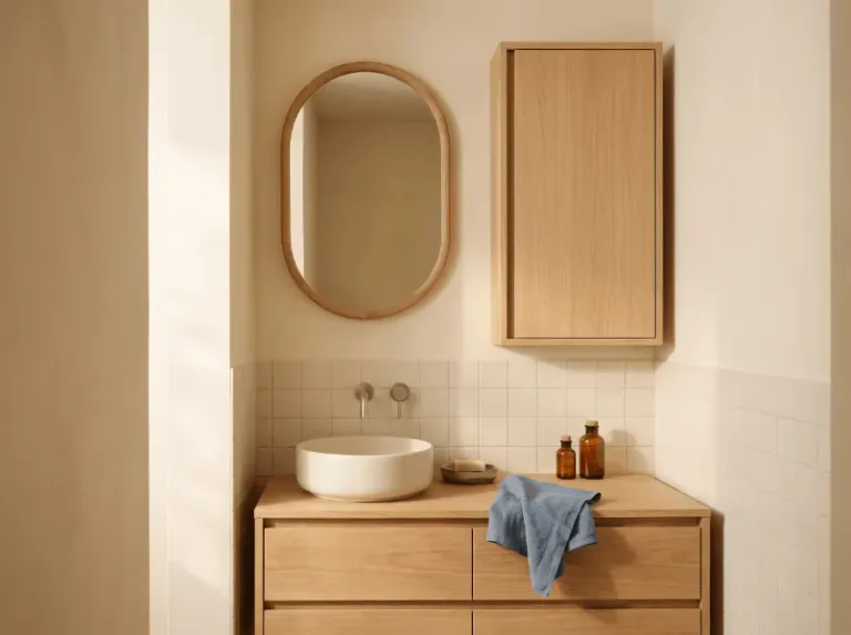 A warm small bathroom with a compact vanity and wall cabinet
