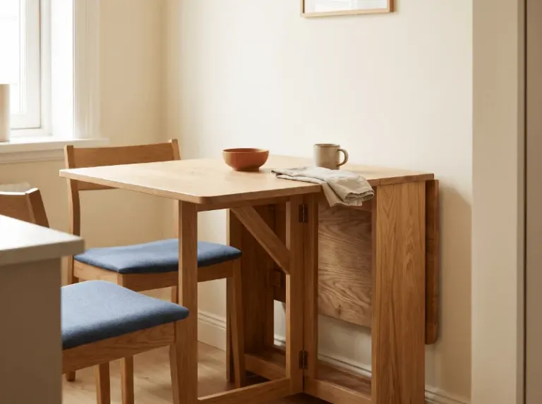 A compact oak drop-leaf dining table in a bright kitchen nook