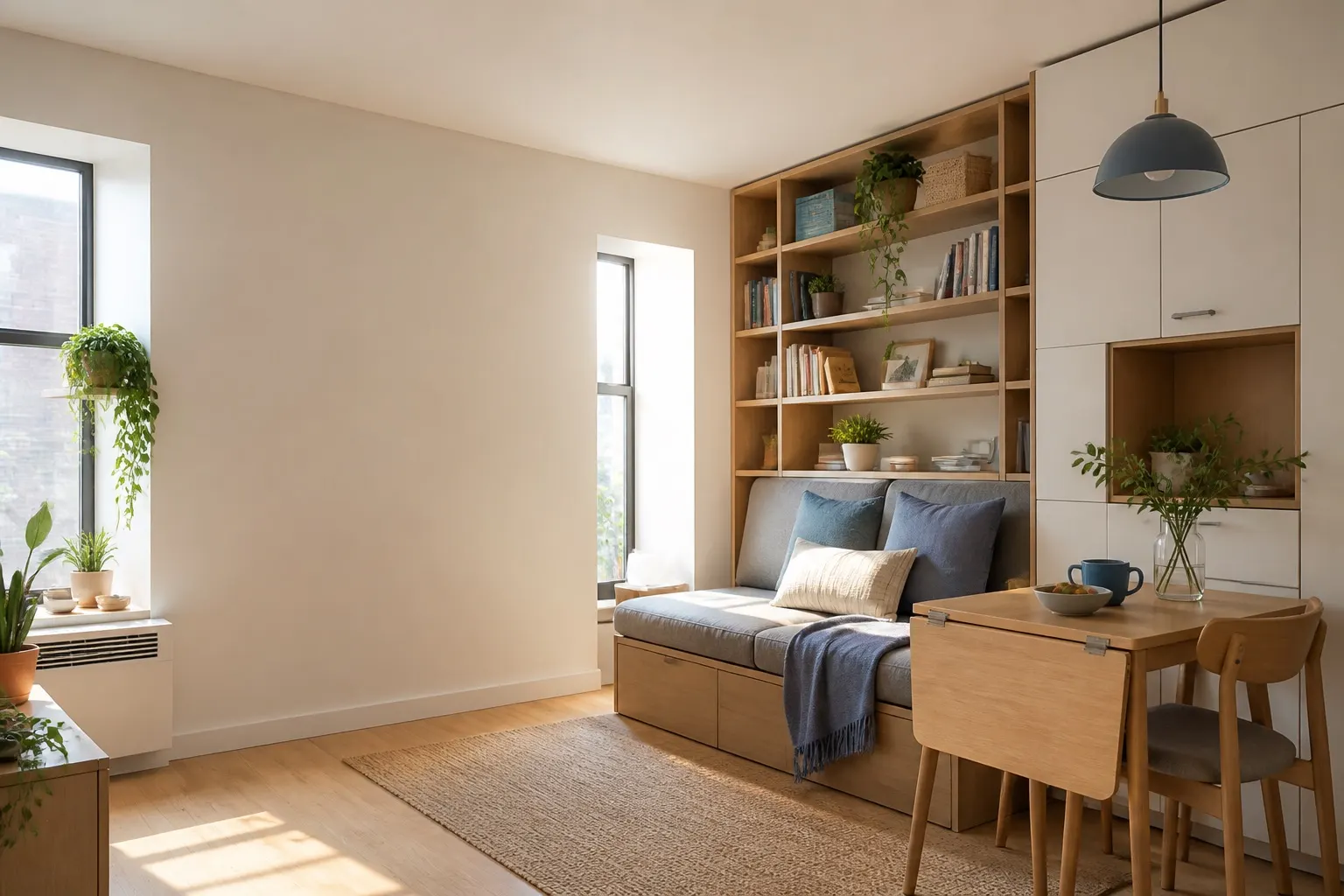 A bright, thoughtfully organized compact apartment living area