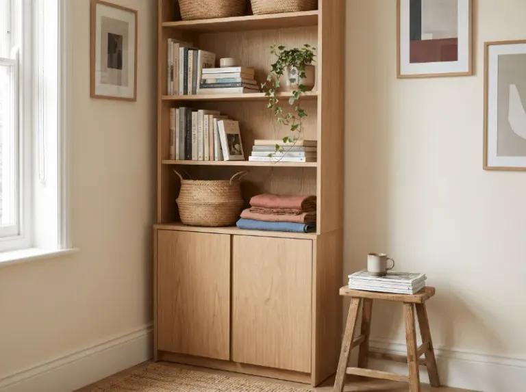 A tall oak shelving unit with books, baskets, linens, and plants